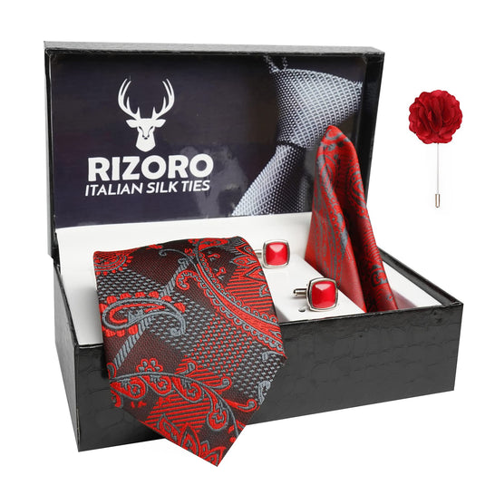 RIZORO Mens Plaid Pasiley Silk Necktie Gift Set With Pocket Square Cufflinks & Brooch Pin Formal Tie With Leatherite Box (AMBI6RX Free Size) | (Leather Gift Box) (Pack of 4)