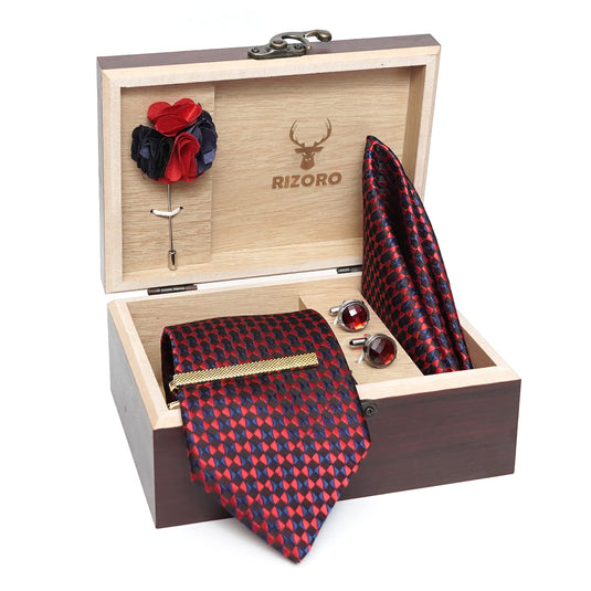 RIZORO Mens Plaid Micro Self Silk Red Necktie Gift Set With Pocket Square Cufflinks Brooch Pin Men Tie Clip Formal Tie With Wooden Box For Gifting (RW_41, Free Size)