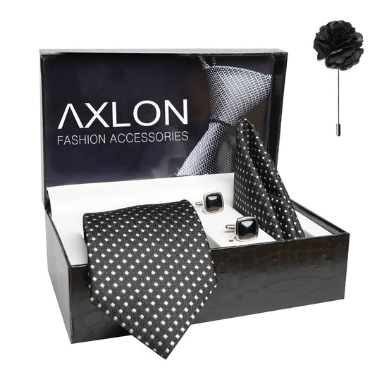 AXLON Mens Plaid Dotted Silk Necktie Gift Set With Pocket Square Cufflinks & Brooch Pin Tie For Men Formal With Leatherite Box (A11RX Free Size) | (Leather Gift Box) (Pack of 4)