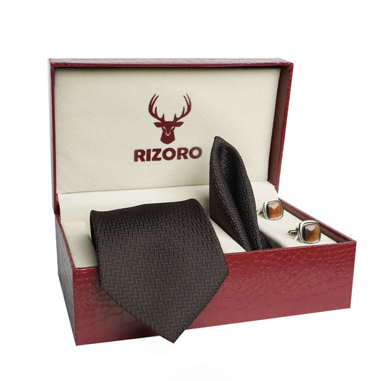 RIZORO Mens Plaid Micro Self Silk Necktie Tie Gift Set With Pocket Square, Cufflinks & Brooch Pin Formal Tie With Leatherite Box (SIDIRB, Free Size)