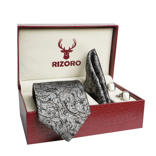 RIZORO Mens Plaid Pasiley Silk Necktie Tie Gift Set With Pocket Square, Cufflinks & Brooch Pin Formal Tie With Leatherite Box (PARRB, Free Size)