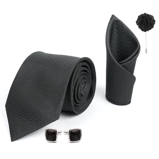 AXLON Mens Plaid Micro Self Silk Necktie Gift Set With Pocket Square Cufflinks & Brooch Pin Formal Tie With Leatherite Box (SIDIRX Free Size) | (Leather Gift Box) (Pack of 4)