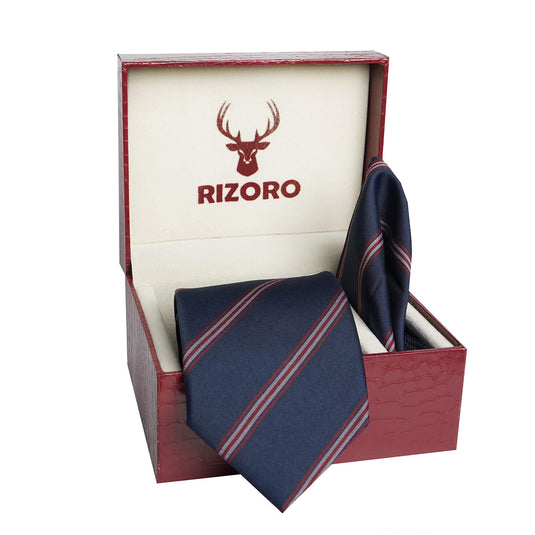 RIZORO Mens Plaid Stripped Silk Necktie Tie Gift Set With Pocket Square & Brooch Pin Formal Tie Set (S6RS, Free Size)