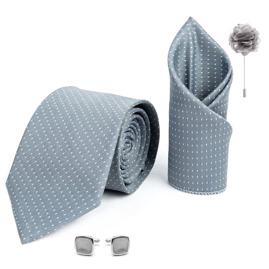 AXLON Mens Plaid Dotted Silk Necktie Gift Set With Pocket Square Cufflinks & Brooch Pin Tie For Men Formal With Leatherite Box (D1RX Free Size) | (Leather Gift Box) (Pack of 4)