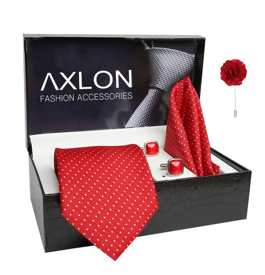 AXLON Mens Plaid Dotted Silk Necktie Gift Set With Pocket Square Cufflinks & Brooch Pin Tie For Men Formal With Leatherite Box (D1RX Free Size) | (Leather Gift Box) (Pack of 4)