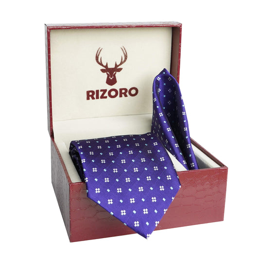 RIZORO Men Dotted Micro Fibre Necktie Gift Set With Pocket Square & Brooch Pin Formal Tie (Blue 4D4BLRS Free Size)