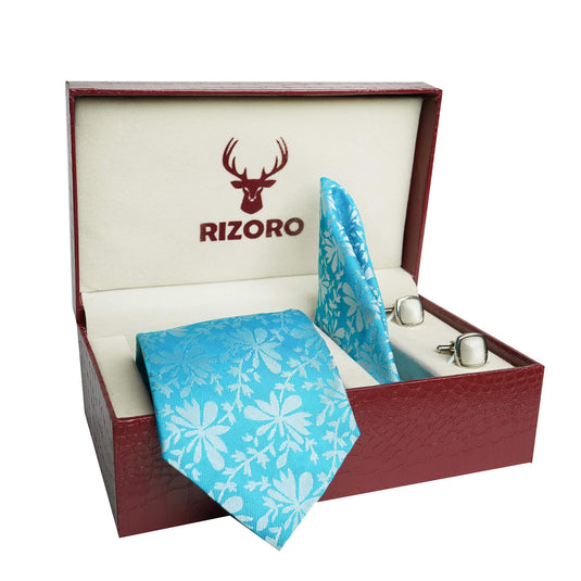 RIZORO Mens Plaid Pasiley Silk Necktie Tie Gift Set With Pocket Square, Cufflinks & Brooch Pin Formal Tie With Leatherite Box (PUNRB, Free Size)