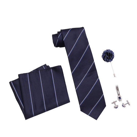 Axlon Men's Micro Polyester Necktie Set with Pocket Square, Brooch Pin and Cufflinks (Blue, Free Size)