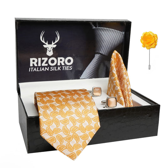 RIZORO Mens Plaid Pasiley Silk Necktie Gift Set With Pocket Square Cufflinks & Brooch Pin Formal Tie With Leatherite Box (AMBICRX Free Size) | (Leather Gift Box) (Pack of 4)