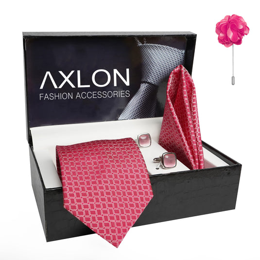 AXLON Mens Plaid Dotted Silk Necktie Gift Set With Pocket Square Cufflinks & Brooch Pin Tie For Men Formal With Leatherite Box (A9RX Free Size) | (Leather Gift Box) (Pack of 4)