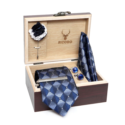 RIZORO Mens Plaid Micro Self Silk Floral Blue Necktie Gift Set With Pocket Square Cufflinks Brooch Pin Men Tie Clip Formal Tie With Wooden Box For Gifting (RW_14, Free Size)