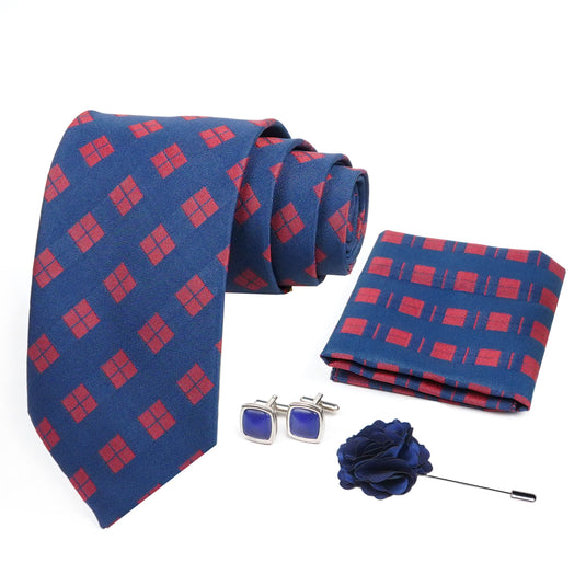 AXLON Mens Plaid Micro Self Silk Necktie Gift Set With Pocket Square Cufflinks & Brooch Pin Formal Tie With Box (SLKP_11, Blue)