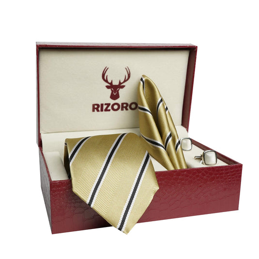 RIZORO Mens Plaid Stripped Silk Necktie Tie Gift Set With Pocket Square, Cufflinks & Brooch Pin Formal Tie With Leatherite Box (STRIPM3RB, Free Size)