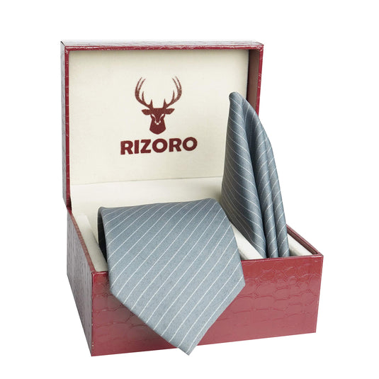 RIZORO Mens Plaid Stripped Silk Necktie Tie Gift Set With Pocket Square & Brooch Pin Formal Tie Set (S1RS, Free Size)