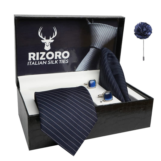 RIZORO Mens Plaid Stripped Silk Necktie Gift Set With Pocket Square Cufflinks & Brooch Pin Formal Tie With Leatherite Box (S1RX Free Size) | (Leather Gift Box) (Pack of 4)