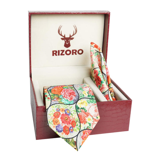 RIZORO Men Checkered Micro Fibre Necktie Gift Set With Pocket Square Cufflinks & Brooch Pin Formal Tie (Beige BURBGRB Free Size)