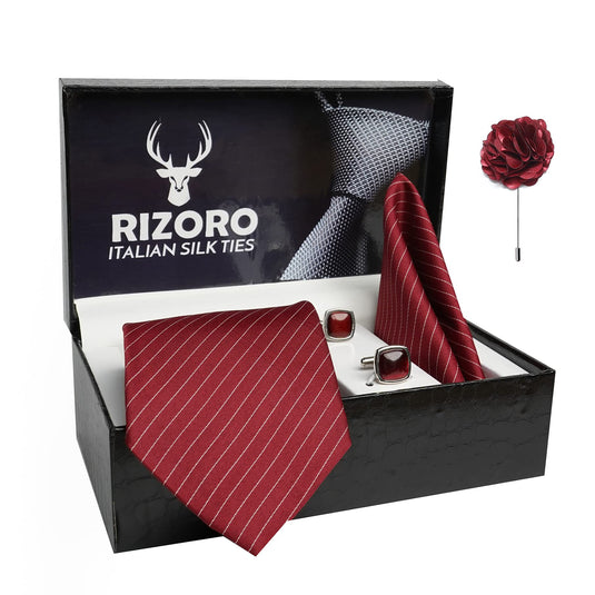 RIZORO Mens Plaid Stripped Silk Necktie Gift Set With Pocket Square Cufflinks & Brooch Pin Formal Tie With Leatherite Box (S1RX Free Size) | (Leather Gift Box) (Pack of 4)