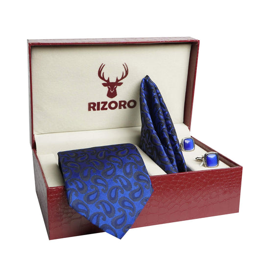 RIZORO Mens Plaid Pasiley Silk Necktie Tie Gift Set With Pocket Square, Cufflinks & Brooch Pin Formal Tie With Leatherite Box (AMBI2RB, Free Size)