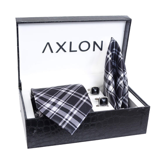 Axlon Men Formal/Casual Printed Satin Neck Tie Pocket Square Accessory Gift Set with Cufflinks and Brooch Pin - Black (Free Size, ltr_826)
