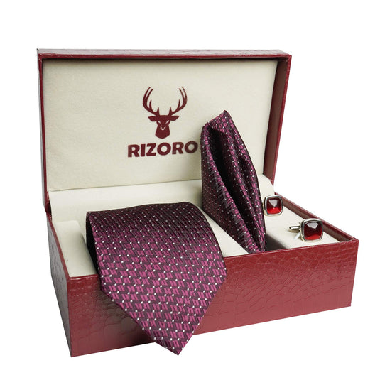 RIZORO Mens Plaid Dotted Silk Necktie Tie Gift Set With Pocket Square, Cufflinks & Brooch Pin Formal Tie With Leatherite Box (A12RB, Free Size)