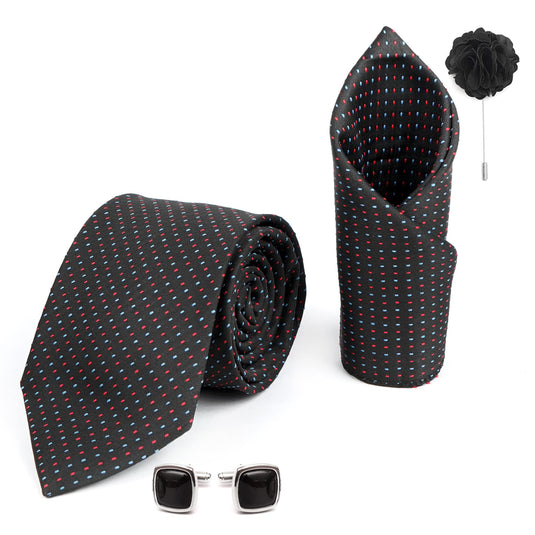 AXLON Mens Plaid Dotted Silk Necktie Gift Set With Pocket Square Cufflinks & Brooch Pin Tie For Men Formal With Leatherite Box (D1RX Free Size) | (Leather Gift Box) (Pack of 4)