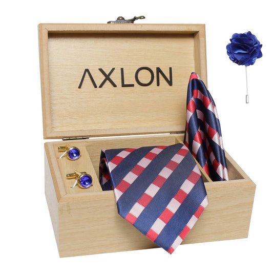 Axlon Men's Micro Polyester Stripped Necktie Set with Pocket Square, Brooch Pin and Cufflinks (Blue, Free Size)