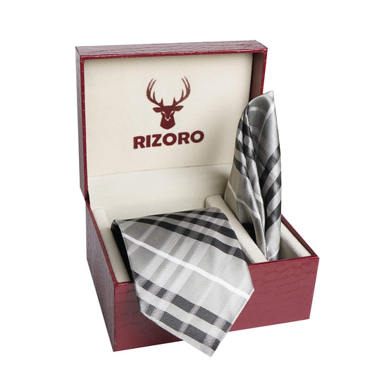 RIZORO Mens Plaid Checkered Silk Necktie Tie Gift Set With Pocket Square & Brooch Pin Formal Tie Set (Grey, BURGYRS, Free Size)