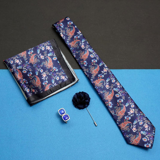 RIZORO Navy Blue Mens Paisley Micro Print Silk Necktie Gift Set With Pocket Square Cufflinks & Brooch Pin Formal Tie With Wooden Box Free Size | (Wooden Gift Box ) (Pack of 4) (RPL_36)