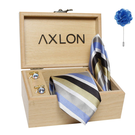 Axlon Men's Micro Polyester Stripped Necktie Set with Pocket Square, Brooch Pin and Cufflinks (Multicolour, Free Size)