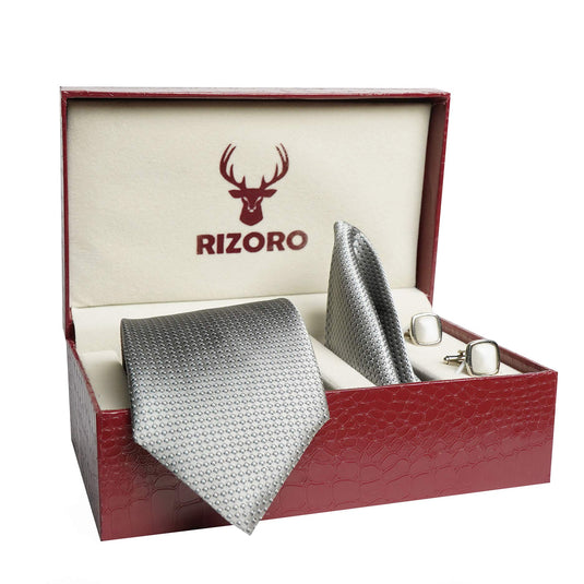 RIZORO Mens Plaid Dotted Silk Necktie Tie Gift Set With Pocket Square, Cufflinks & Brooch Pin Formal Tie With Leatherite Box (A12RB, Free Size)