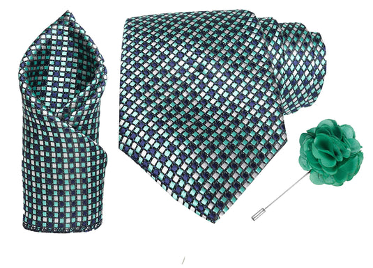 RIZORO Mens Plaid Dotted Silk Necktie Tie Gift Set With Pocket Square & Brooch Pin Formal Tie Set (A14RS, Free Size)