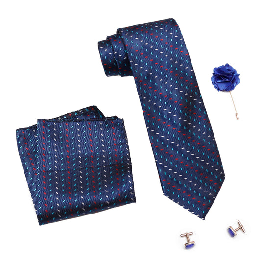 AXLON Formal/Casual Printed Polyester Necktie Set with Pocket Square, Brooch Pin and Cufflinks for Men (Free Size, Royal Blue)