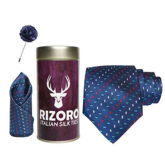 RIZORO Mens Plaid Dotted Silk Necktie Gift Set With Pocket Square & Brooch Pin Formal Tie Combo (MICRA11RT, Free Size)