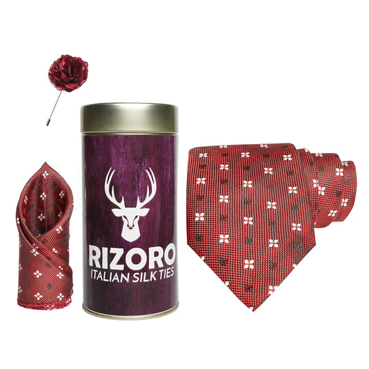 RIZORO Mens Plaid Dotted Silk Necktie Gift Set With Pocket Square & Brooch Pin Formal Tie Combo (4D2RT, Free Size)