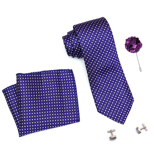 RIZORO Mens Plaid Dotted Silk Necktie Tie Gift Set With Pocket Square, Cufflinks & Brooch Pin Formal Tie With Leatherite Box (A11RB, Free Size)