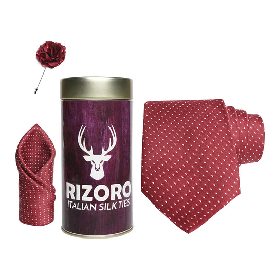 RIZORO Mens Plaid Dotted Silk Necktie Gift Set With Pocket Square & Brooch Pin Formal Tie Combo (D1RT, Free Size)