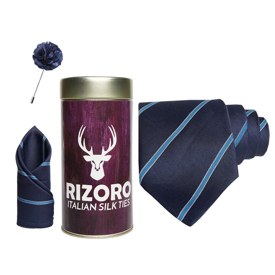 RIZORO Mens Plaid Stripped Silk Necktie Gift Set With Pocket Square & Brooch Pin Formal Tie Combo (S5RT, Free Size)