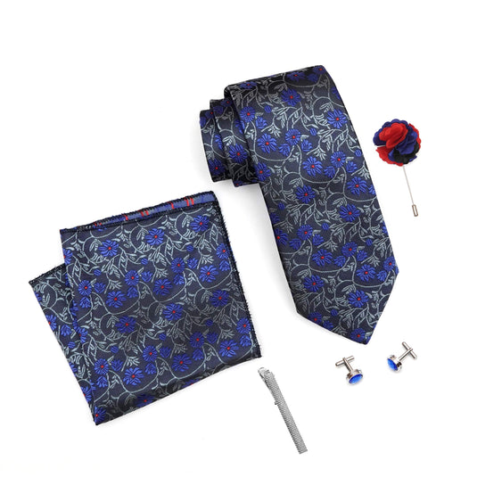 RIZORO Mens Plaid Micro Self Silk Floral Blue Necktie Gift Set With Pocket Square Cufflinks Brooch Pin Men Tie Clip Formal Tie With Wooden Box For Gifting (RW_16, Free Size)