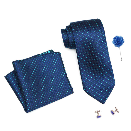 RIZORO Mens Plaid Dotted Silk Necktie Tie Gift Set With Pocket Square, Cufflinks & Brooch Pin Formal Tie With Leatherite Box (A13RB, Free Size)