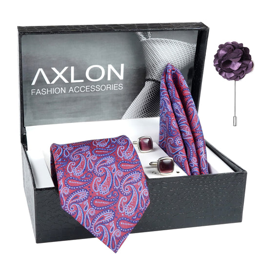 Axlon Mens Plaid Micro Self Silk Necktie Gift Set With Pocket Square Cufflinks & Brooch Pin Tie for Men Formal Tie Set with Box (Pack of 4) (Wine, 2022AX_12)