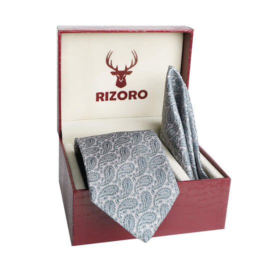 RIZORO Mens Plaid Pasiley Silk Necktie Tie Gift Set With Pocket Square & Brooch Pin Formal Tie Set (AMBM1RS, Free Size)
