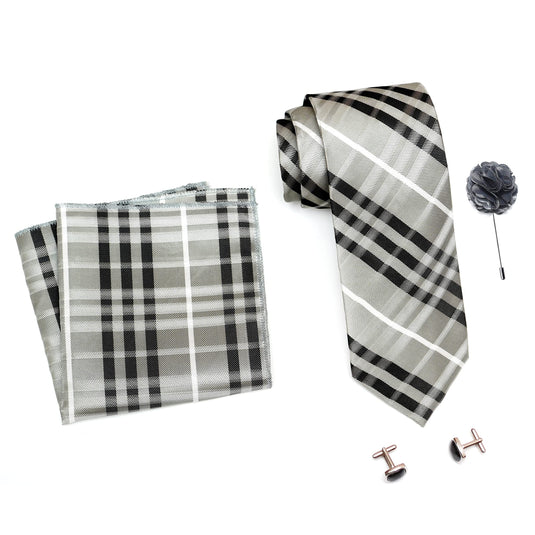 AXLON Mens Plaid Checkered Silk Necktie Gift Set With Pocket Square Cufflinks & Brooch Pin Tie For Men Formal With Leatherite Box (BURRX Free Size) | (Leather Gift Box) (Pack of 4)