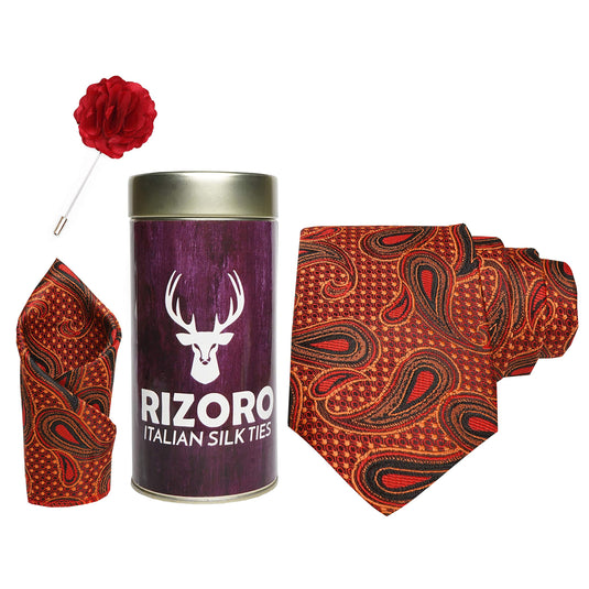 RIZORO Mens Plaid Pasiley Silk Necktie Gift Set With Pocket Square & Brooch Pin Formal Tie Combo (AMBI3RT, Free Size)