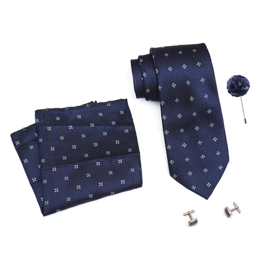 RIZORO Mens Plaid Dotted Silk Necktie Tie Gift Set With Pocket Square, Cufflinks & Brooch Pin Formal Tie With Leatherite Box (4D5RB, Free Size)