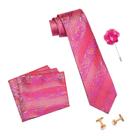 Axlon Men's Micro Polyester Floral Designed Necktie Set with Pocket Square, Brooch Pin and Cufflinks (Multicolour, Free Size)