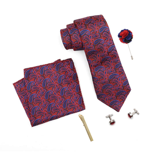 RIZORO Mens Plaid Micro Silk Paisley Red Blue Necktie Tie Set Gift Set With Pocket Square Cufflinks Brooch Pin Men Tie Clip Formal Tie With Wooden Box For Gifting (RW_29, Free Size)