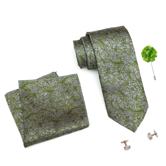 RIZORO Mens Plaid Pasiley Silk Necktie Tie Gift Set With Pocket Square, Cufflinks & Brooch Pin Formal Tie With Leatherite Box (PARRB, Free Size)