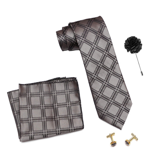 Axlon Men's Micro Polyester Broad Checks Necktie Set with Pocket Square, Brooch Pin and Cufflinks (Black, Free Size)