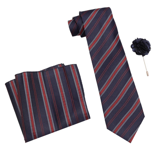 RIZORO Mens Plaid Stripped Silk Necktie Tie Gift Set With Pocket Square & Brooch Pin Formal Tie Set (S6RS, Free Size)