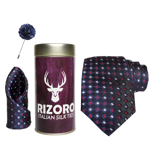 RIZORO Mens Plaid Dotted Silk Necktie Gift Set With Pocket Square & Brooch Pin Formal Tie Combo (M2BGRT, Free Size)